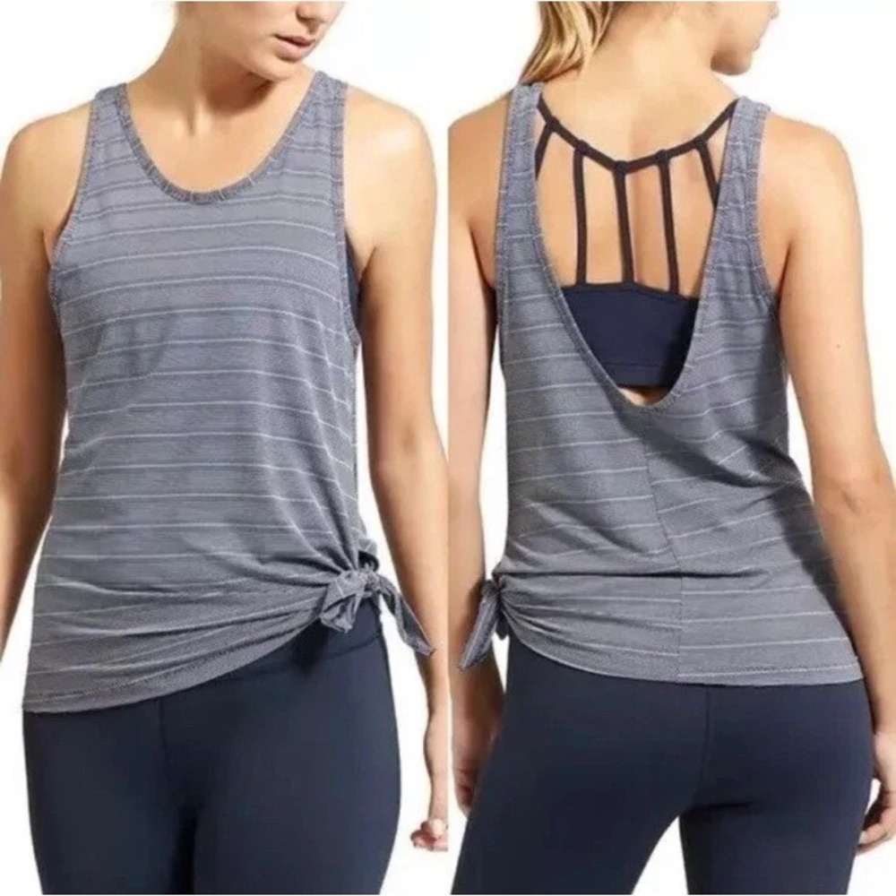 Athleta Max Out Tank Top Navy Striped Size M Tie Waist Stretch Athleisure Active